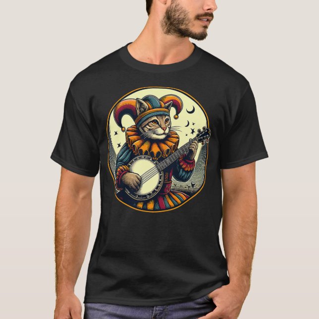 Medieval Cat Playing Banjo Jester T-Shirt (Vorderseite)