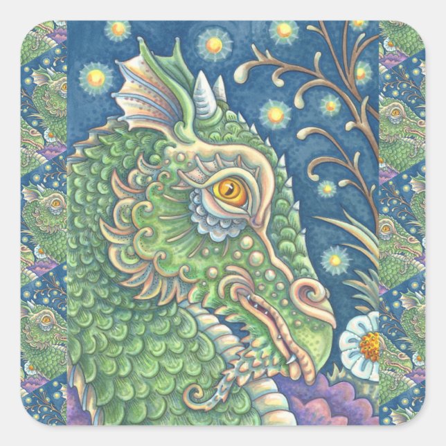 MEDIEVAL DRAGON HEAD PORTRAIT, WHIMSICAL FANTASY QUADRATISCHER AUFKLEBER (Vorderseite)