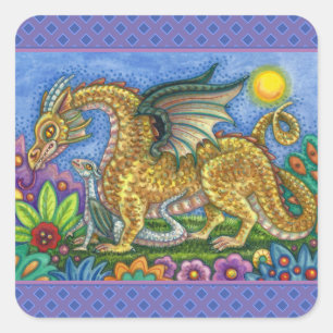 MEDIEVAL DRAGON & YOUNG, FARBIG FOLGART GARDEN QUADRATISCHER AUFKLEBER