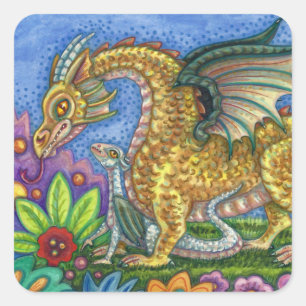 MEDIEVAL DRAGON & YOUNG, FARBIG FOLGART GARDEN QUADRATISCHER AUFKLEBER