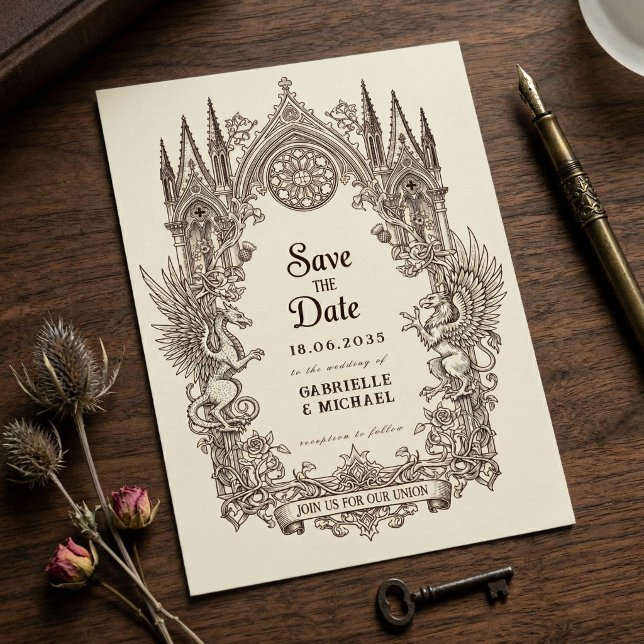 Medieval Gothic Dragon Griffin old paper Save The Date (Von Creator hochgeladen)