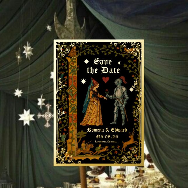 Medieval Knight and Lady Manuscript Save the Date Folieneinladung (Von Creator hochgeladen)