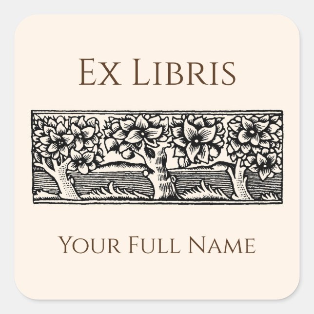 Medieval Trees Ex Libris Bookplate, Book Labels Quadratischer Aufkleber (Vorderseite)