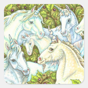 MEDIEVAL UNICORN HERDE, PFERDE, STALLION Fantasy Quadratischer Aufkleber