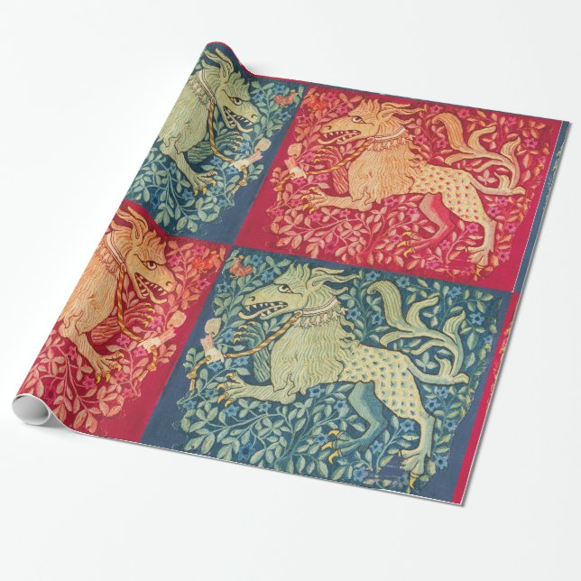 MEDIEVENT BESTIARY Lion like Beast in Red Blue Geschenkpapier (Ungerollt)