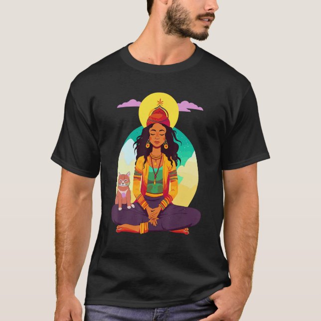 Meditating Rasta Girl with Cat T-Shirt (Vorderseite)