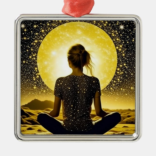 Meditation der Frau unter dem Mond Ornament Aus Metall (Vorne)