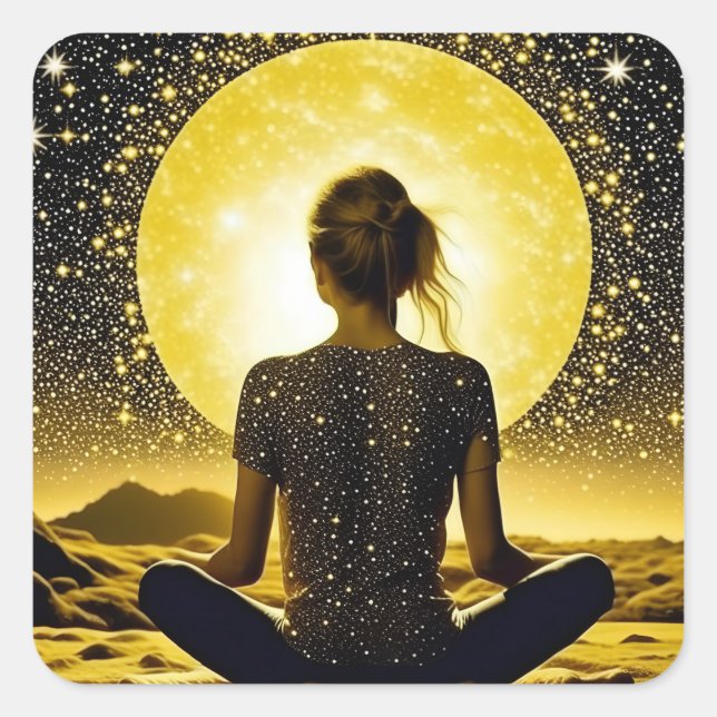 Meditation der Frau unter dem Mond Quadratischer Aufkleber (Vorderseite)