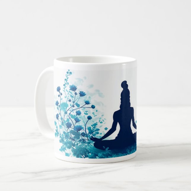 Meditation Illustration Tasse - Serene Blue Floral (Vorderseite Links)