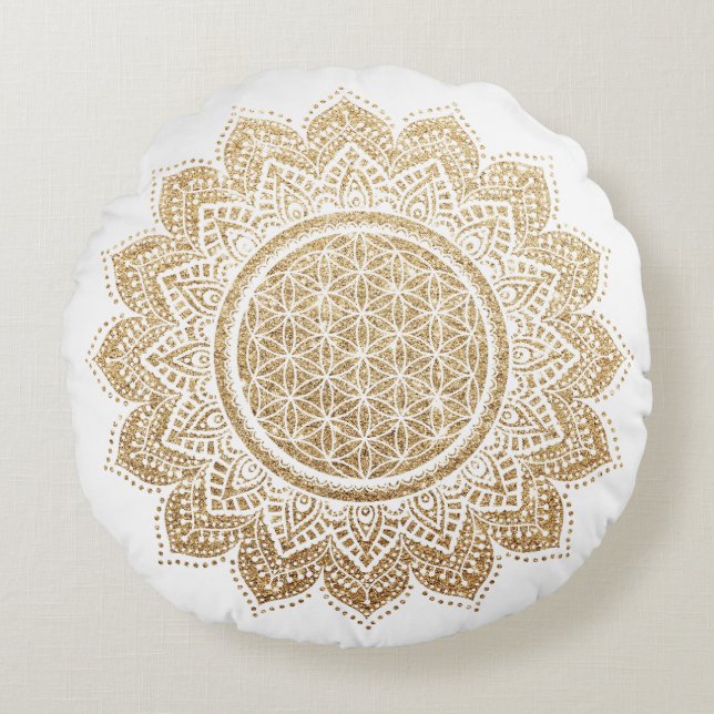 Meditation Pillow Blume des Lebens Mandala Gold Rundes Kissen (Vorderseite)