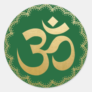 Meditations-Symbol-Yoga-Imitat-Goldgrün OM Runder Aufkleber