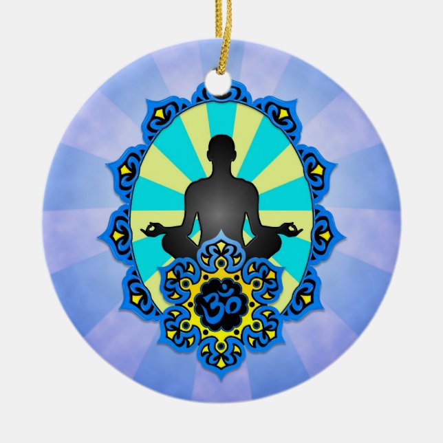 Meditations-Yoga-Om, -BLAU und -GELB Keramik Ornament (Vorne)