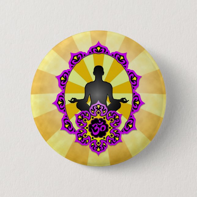Meditations-Yoga-Om, lila und gelb Button (Vorderseite)