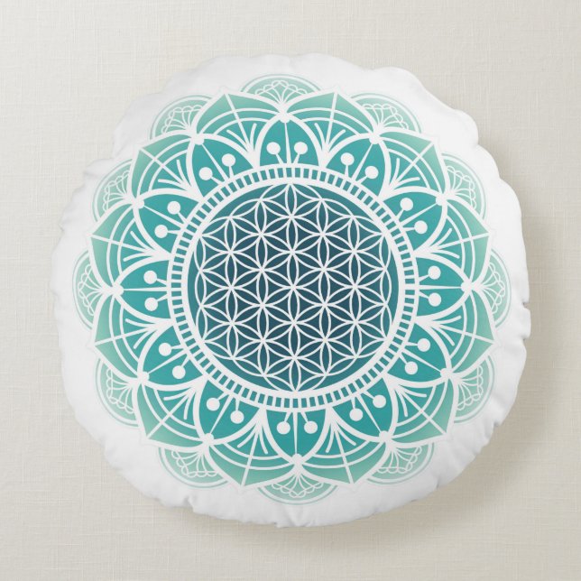 Meditationskissen Mandala Blume des Lebens aquamar Rundes Kissen (Vorderseite)