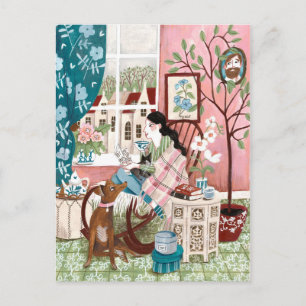 Meditative pink gemütliche Bleibe-zu-Hause-Lesebil Postkarte