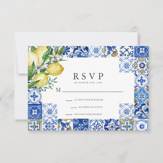 Mediteran Blauer Tile Citrus Lemon Wedding RSVP Karte (Vorderseite)