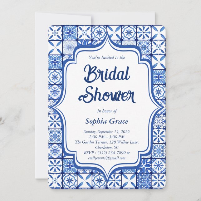 Mediteranean Blue Tile Bridal Dusche Einladung (Vorderseite)