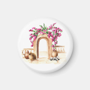 Mediterrane Architektur, Blume, Aquarell, h Magnet