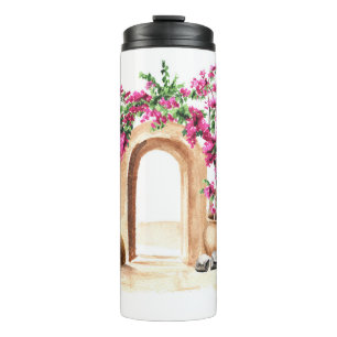 Mediterrane Architektur, Blume, Aquarell, h Thermosbecher