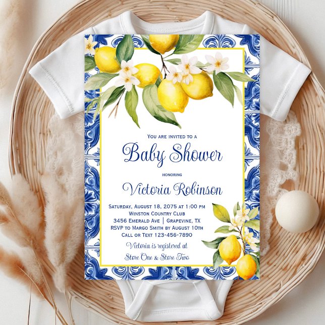 Mediterrane Azulejo Tile Lemon Babydusche Einladung (Beautiful blue tile and lemon baby shower invitation. )