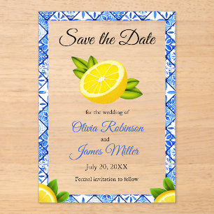 Mediterrane Blaue Hochzeit retten Datum Acryleinladungen