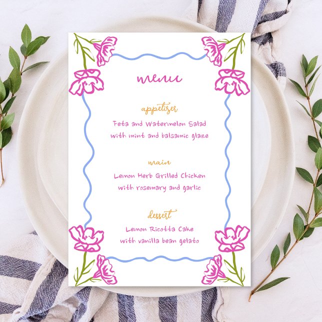 Mediterrane Bougainvillea Italienische Blumenhochz Menükarte (La Dolce Vita on your table! This whimsical Mediterranean menu sets the tone for an elegant wedding )