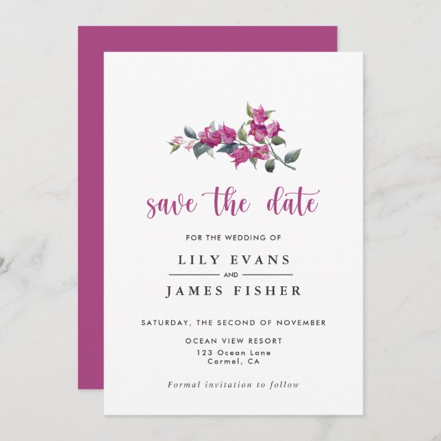 Mediterrane Bougainvillea Pink Save the Date Inv Einladung (Vorne/Hinten)