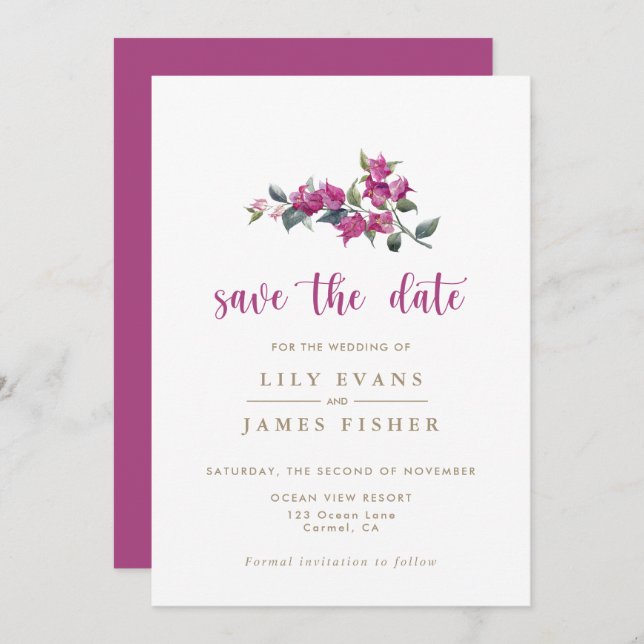 Mediterrane Bougainvillea Pink Save the Date Inv Einladung (Vorne/Hinten)
