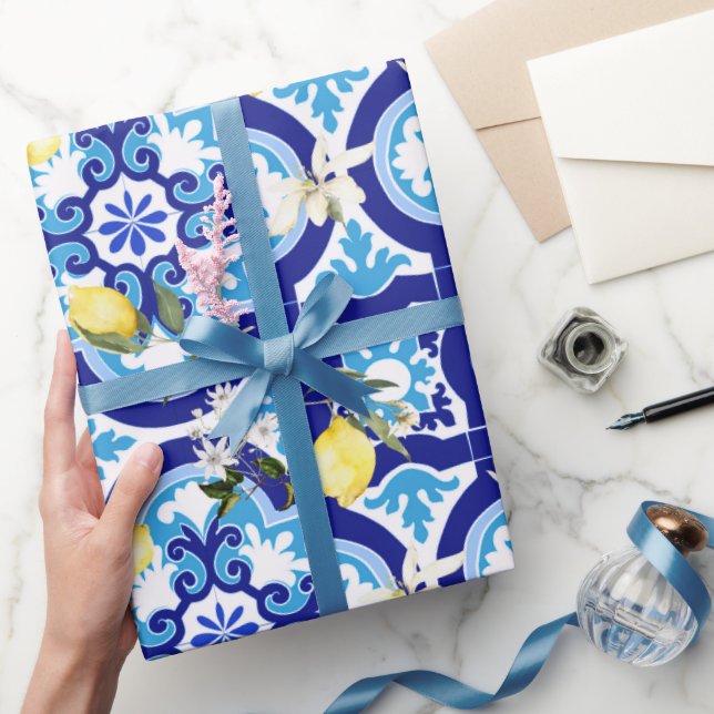 mediterrane Fliesen, blaue Fliesen, Zitrone, Geschenkpapier (Schenken)