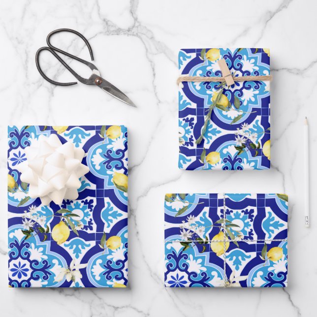 mediterrane Fliesen, blaue Fliesen, Zitrone, Geschenkpapier Set (Vorderseite)