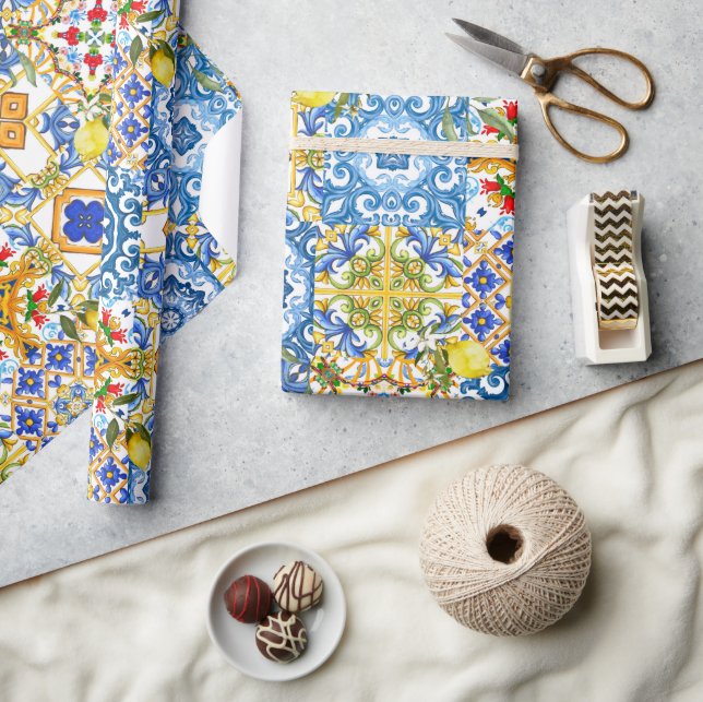 mediterrane Fliesen, Majolika, sizilianischer Stil Geschenkpapier (Kunsthandwerk)