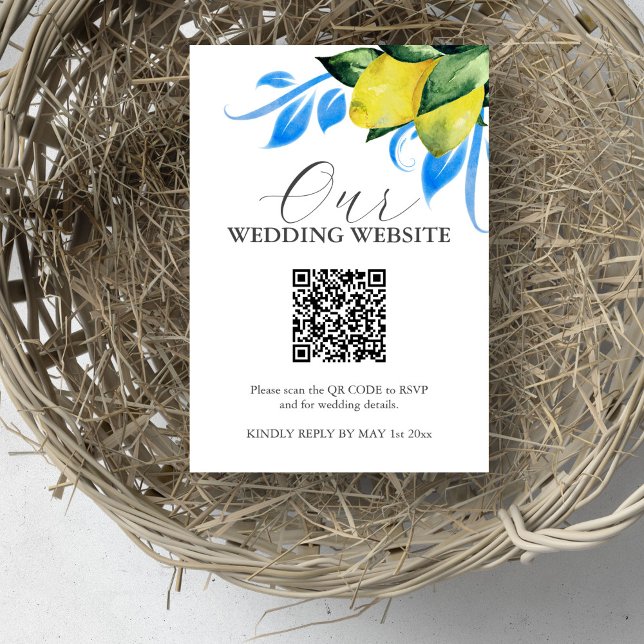 Mediterrane Hochzeitsseite RSVP Card QR Code Einladung (Wedding invitation insert website QR code watercolor lemon art by Victoria Grigaliunas)