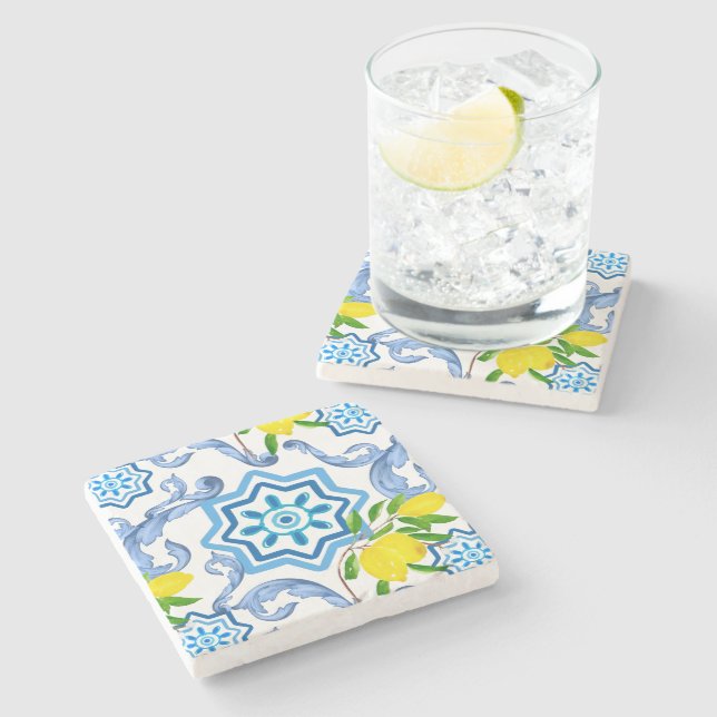 mediterrane Kacheln, Majolika, sizilianischer Stil Steinuntersetzer (Seitenansicht)