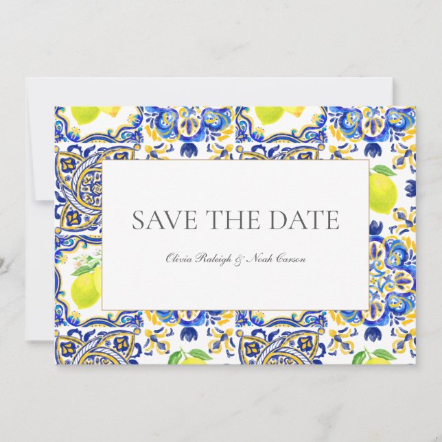 Mediterrane Limone Save the Date Hochzeitskarte (Vorderseite)