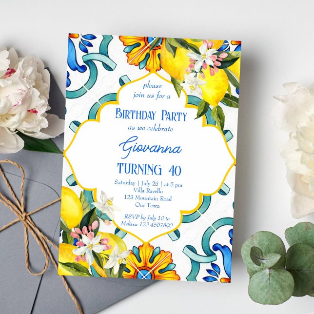 Mediterrane Majolica Fliesen Zitronen Geburtstagsp Einladung (Mediterranean blue tiles lemons birthday party invitation template instant download Majolica )