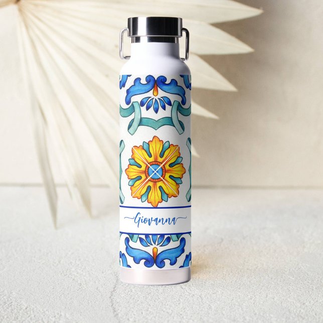 Mediterrane Majolika-Fliesen bedruckt blau und gel Trinkflasche (Bridesmaid gifts personalized bane water bottle blue and yellow Majolica tiles Mediterranean themed)
