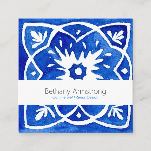 Mediterrane Tile Blue und White Business Card Quadratische Visitenkarte (Vorderseite)