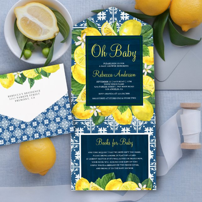 Mediterrane Tile Lemon Orchard Navy Babydusche All In One Einladung (Von Creator hochgeladen)