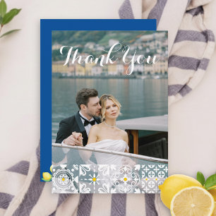 Mediterrane Tile Wasserfarben Lemons Blue Wedding Dankeskarte