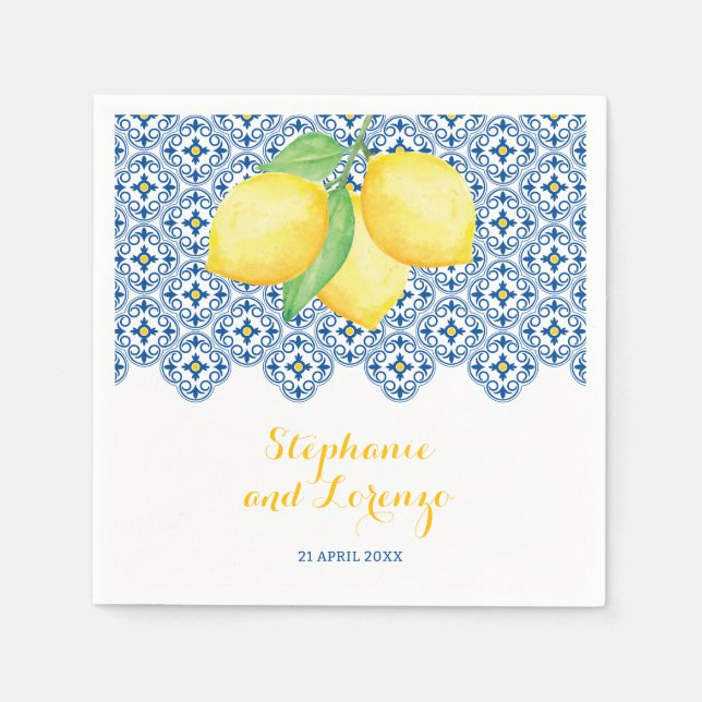 Mediterrane Wasserfarben Lemons Tile Blue Wedding Serviette (Vorderseite)