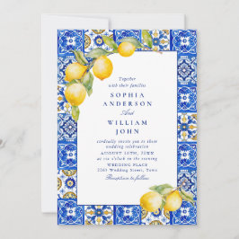 Mediterrane Zitronen Blau Tiles Wedding Foto Einladung