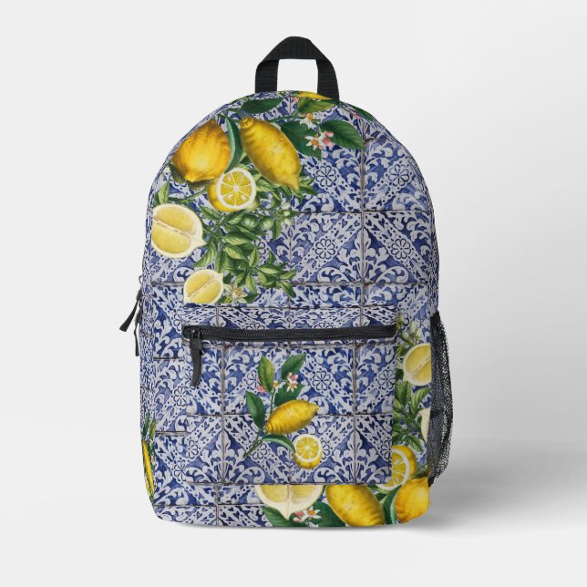 Mediterrane Zitronen Sommer Portugiesische Fliesen Bedruckter Rucksack (Vorderseite)