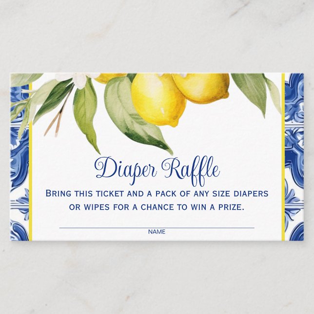 Mediterrane Zitronenkleckse Begleitkarte (Pretty blue and white tile and lemons diaper raffle tickets. You can add your own text.)