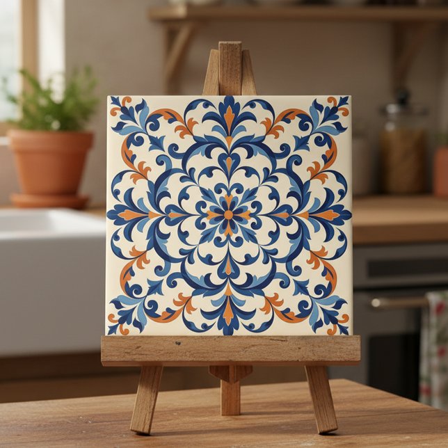 Mediterranean Azulejo Style Navy Blue and Orange Fliese (Von Creator hochgeladen)