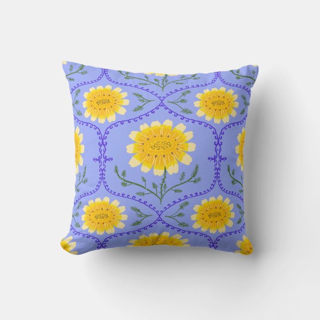 Mediterranean Blue and Yellow Floral Greek Flora  Kissen (Vorderseite)