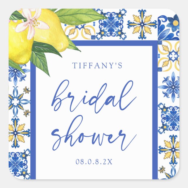 Mediterranean Blue Lemons Brautparty Vielen Dank Quadratischer Aufkleber (Vorderseite)