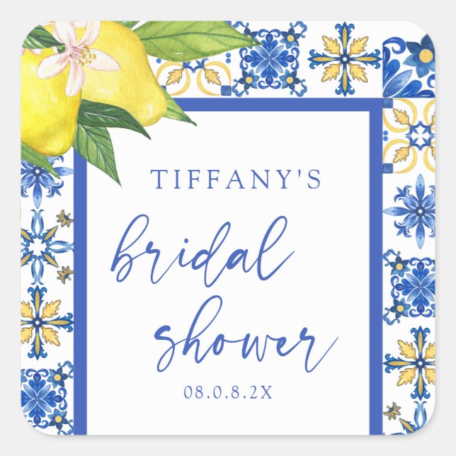 Mediterranean Blue Lemons Brautparty Vielen Dank Quadratischer Aufkleber (Vorderseite)