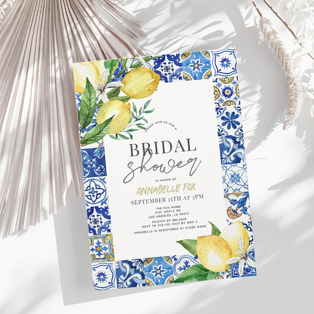 Mediterranean Blue Tile Citrus Lemon Bridal Shower Einladung (Von Creator hochgeladen)