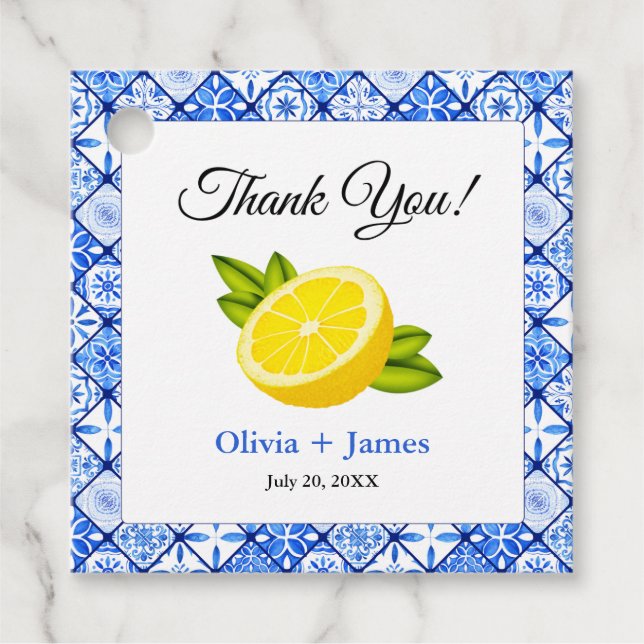 Mediterranean Blue Tile Lemon Vielen Dank für Ihre Geschenkanhänger (Vorderseite)