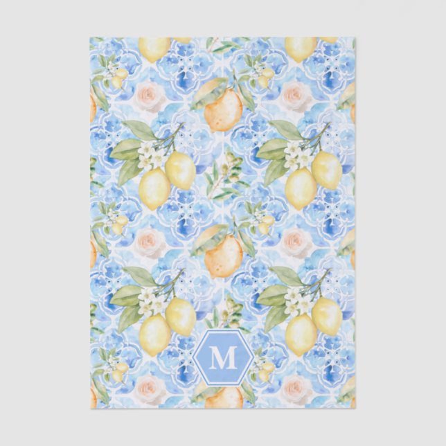 Mediterranean Blue Tile Limoncello Monogram Name Seidenpapier (Vorderseite)